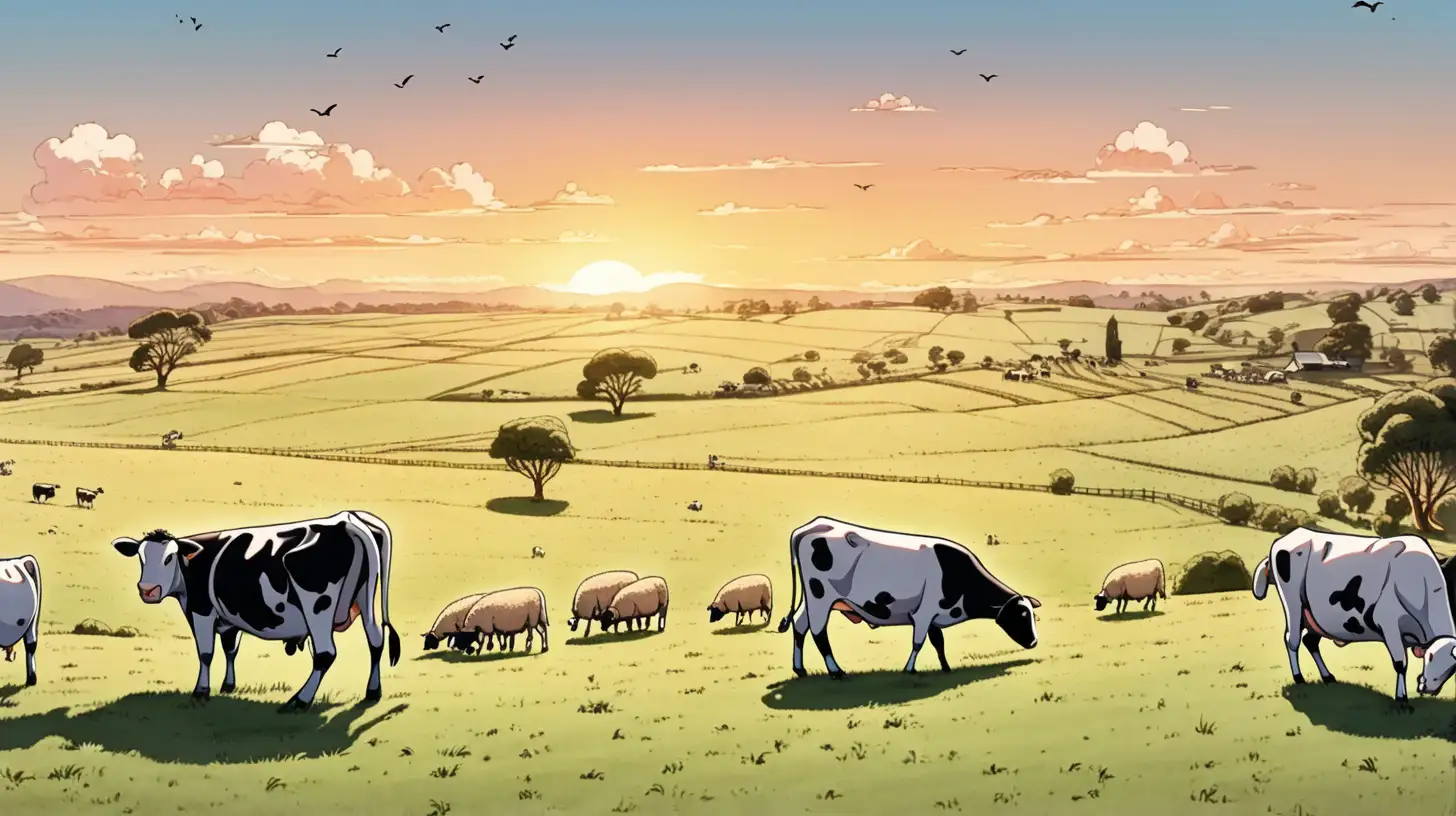 A landscape view of Australian farmland with cows and sheep at sunset, in an anime style/