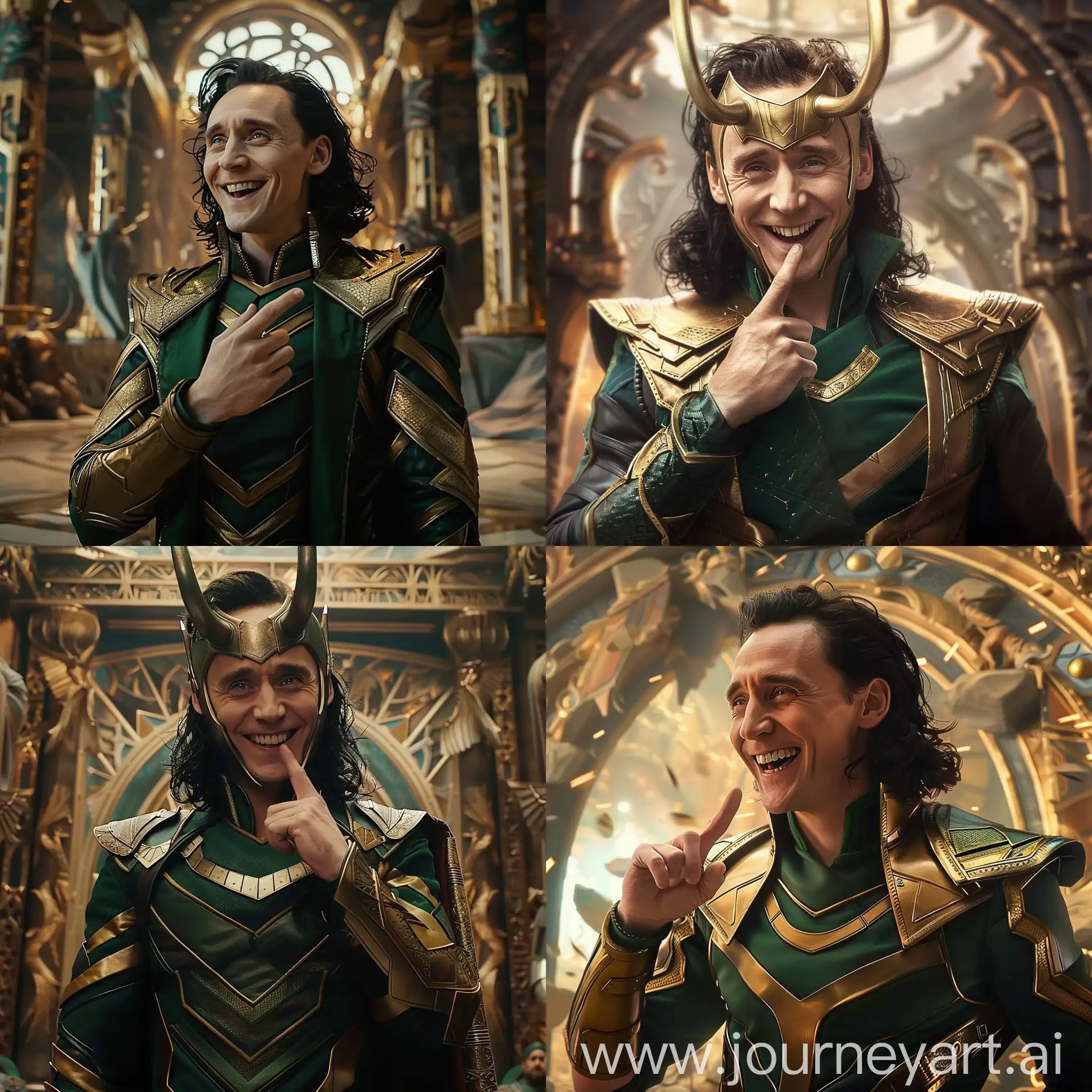 a charming and handsome MCU Loki who looks like Tom Hiddleston, he is smiling and putting a finger before his mouth,

Loki is in his medieval green and golden Nordic costume, without a helmet,

he is inside a Nordic god temple,