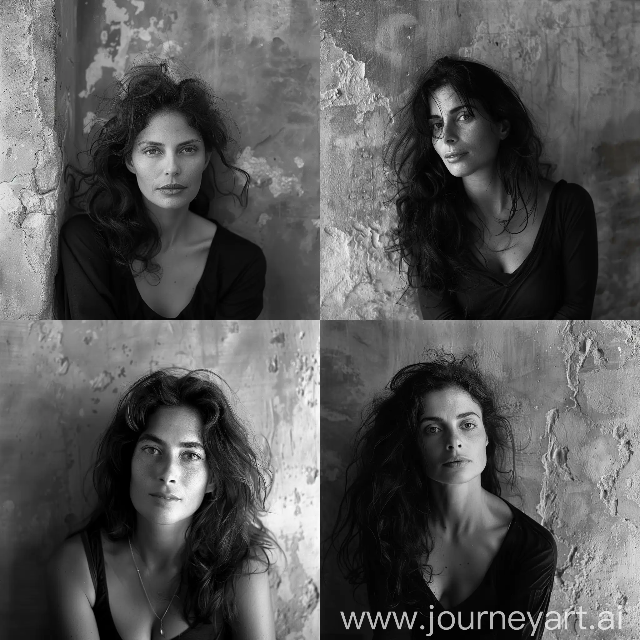 Intimate photographic portrait of an attractive 40 years old Italian woman, in front of a flat wall, wavy hair, assured and confident expression, deep and captivating eyes, looking at camera, eye contact, summer gentle light, cinematic style, shot with Ilford HP5+ 400 ::3 by Ferdinando Scianna::3   --style raw
