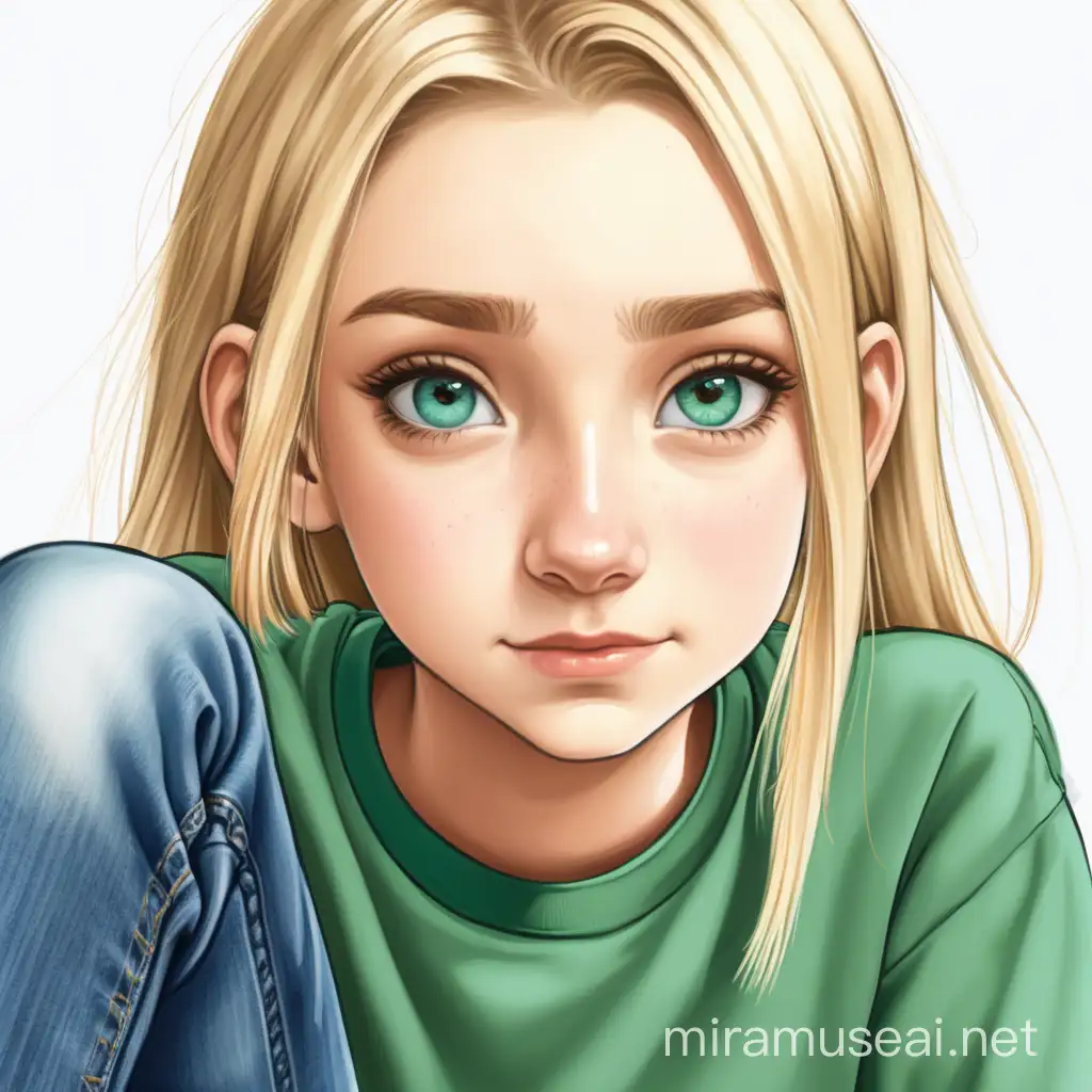 15 year old girl with blond hair and blue eyes a green crewneck shirt and jeans
