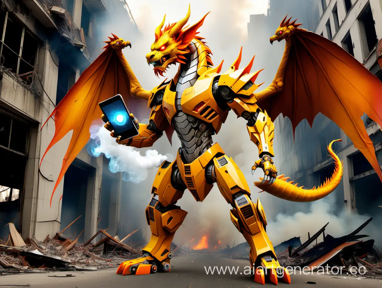 Жёлтый дракон в стиле трансформера , с мордой льва, в очках виртуальной реальности и оранжевых шортах, с огромными крыльями. В лапах держит смартфон. Любит бродить возле разрушенных зданий среди дыма, пепла и пламени. 