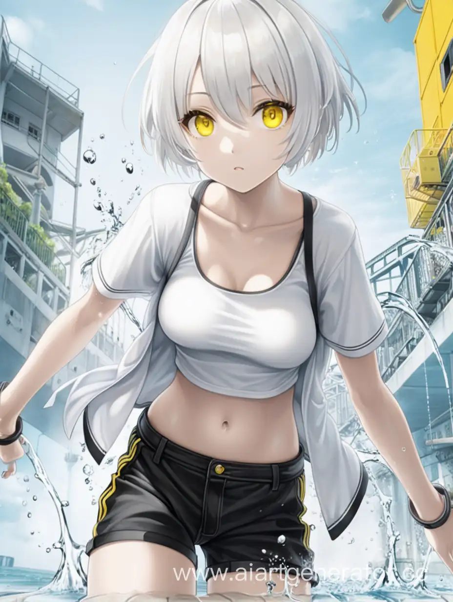 anime girl, white short hair, white T-shirt, black shorts, yellow-black shoes, yellow eyes, doused with water, white bra