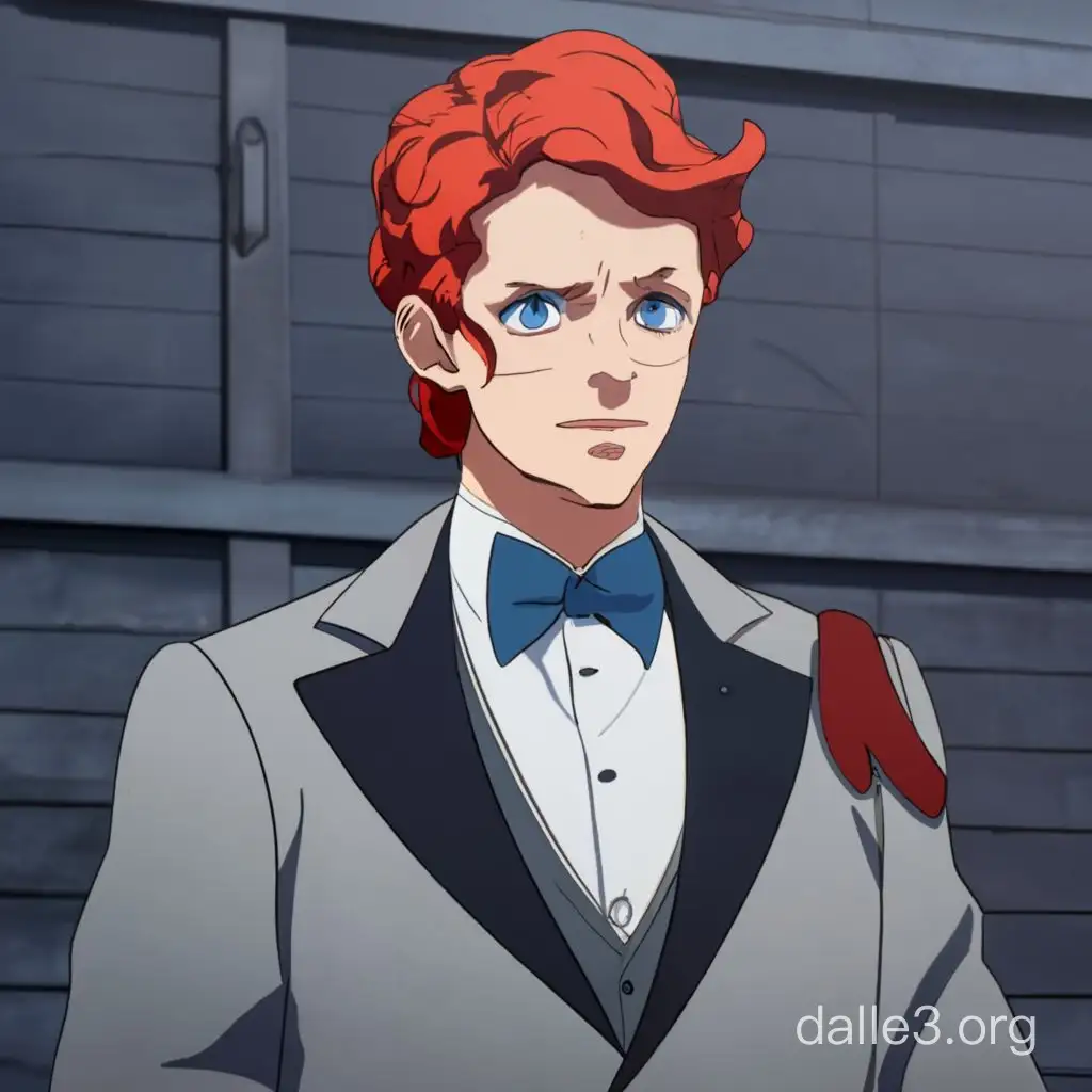 Tartaglia has short wavy red hair and blue eyes. He wears a red Fatoui mask, sliding it to the left side of his head. He is dressed in a simple gray suit consisting of trousers and a jacket with an asymmetric clasp. The jacket is only half buttoned, which allows you to see the Eye of God attached to the waist belt. Tartaglia's outfit is complemented by black boots and gloves, an aiguillette with a red stone on her right shoulder and a scarlet scarf attached to it, slung over her back.