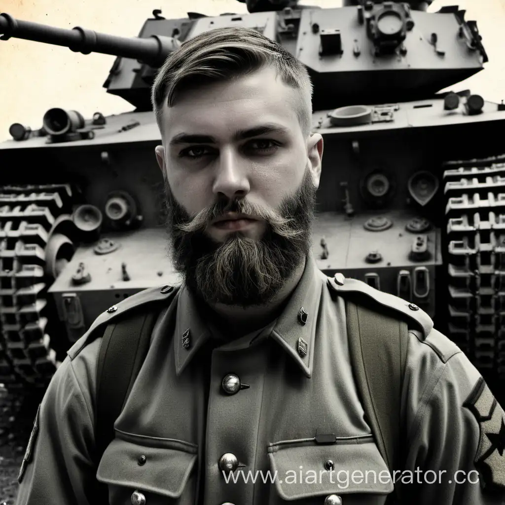 Young-Bearded-Soldier-Stands-Tall-in-Front-of-Military-Tank