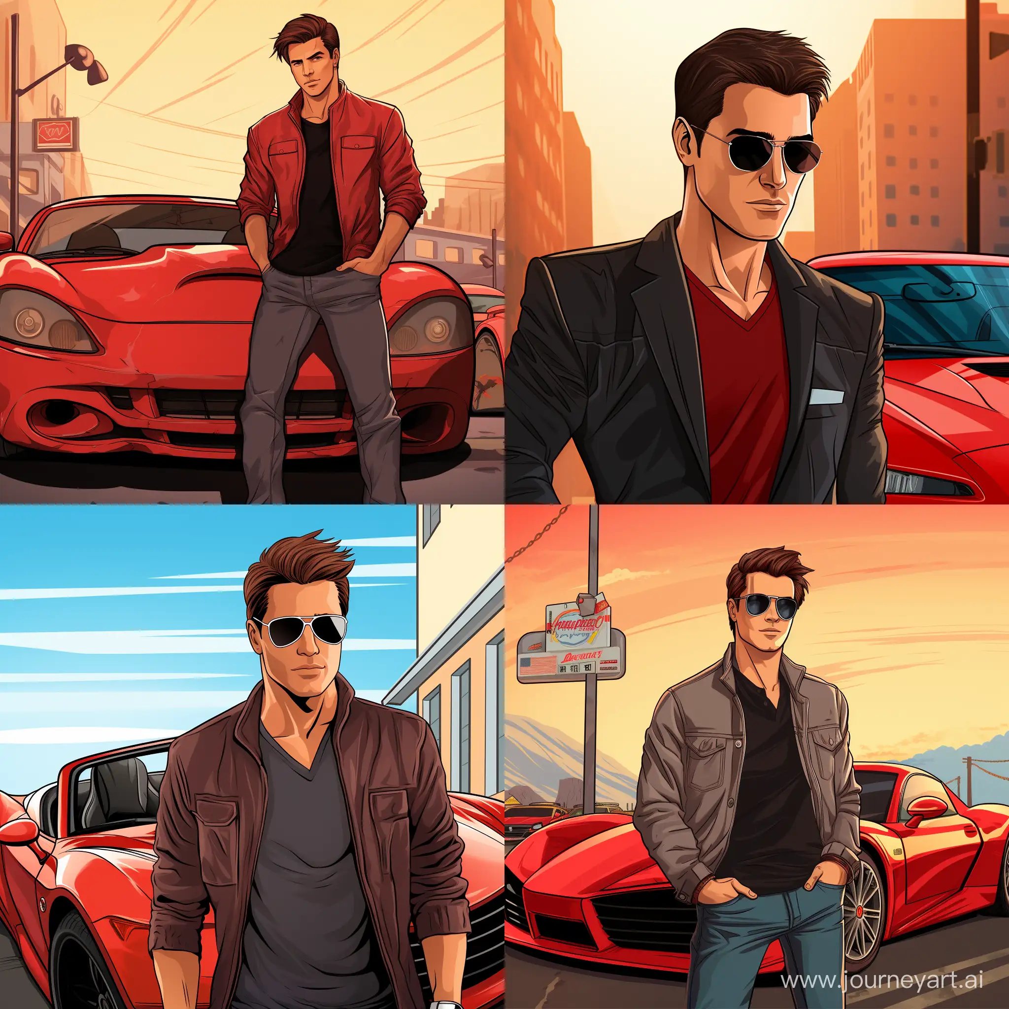 Tom-Cruise-Coolly-Leaning-on-a-Stylish-Red-Ferrari-Cartoon-Style-Illustration