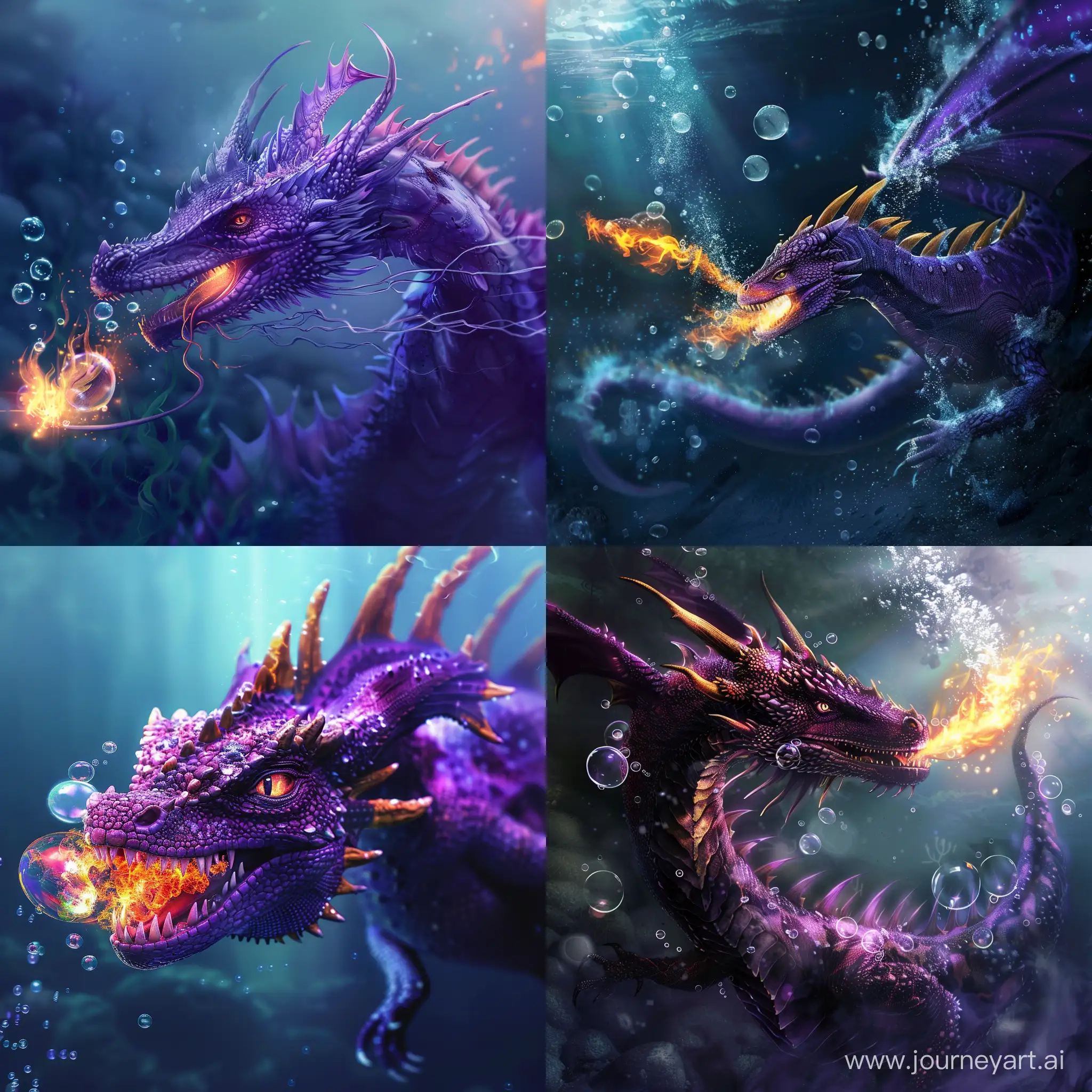 Under water purple sea dragon blowing fire bubbles