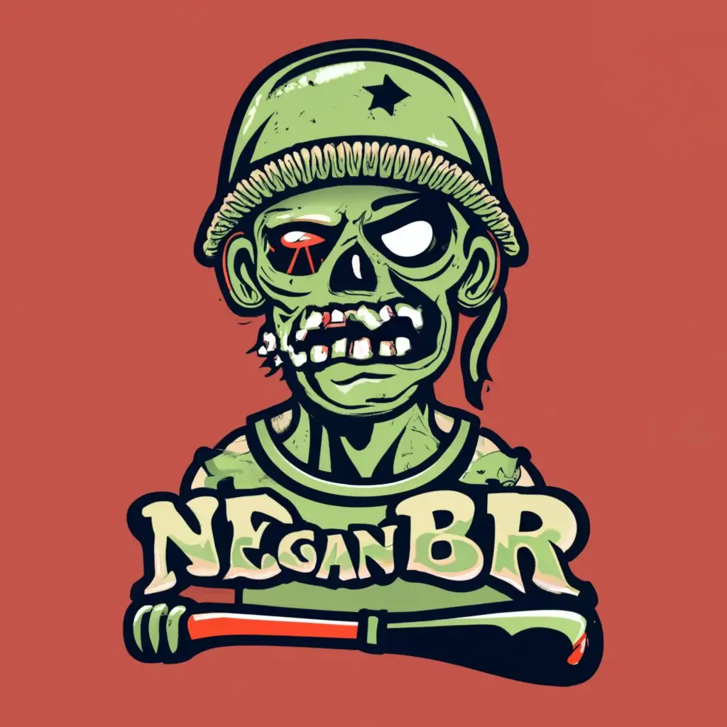 logo, JUST A HEAD OF THE military zombie with a baseball bat WITH BARBED WIRE, with the text "NEGAN BR", typography, be used in Nonprofit industry