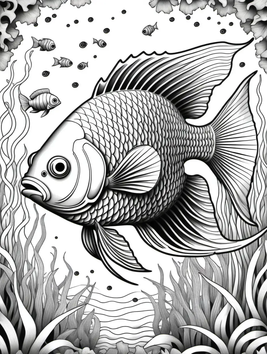Detailed Black and White Adult Coloring Page Featuring Intricate Fish Design