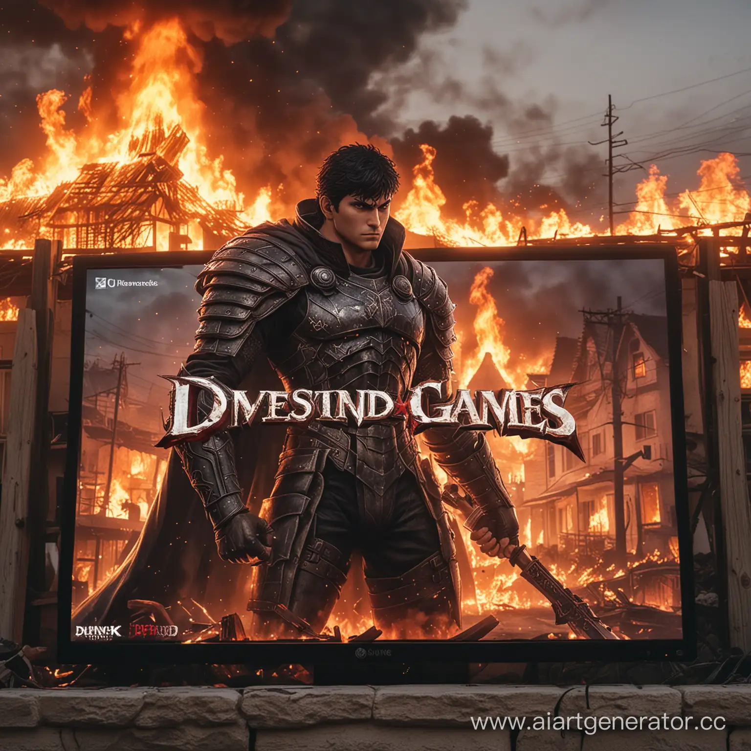 игровая компания "DIVINE studio games" на главном экране магический берсерк повернут полубоком и повернута голова на левую сторону, и он рассевается на фоне горящие дома размытые 