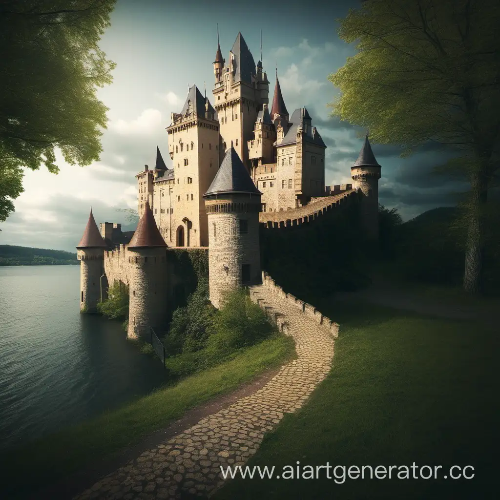Enchanting-Castle-Surrounded-by-a-Winding-Pathway