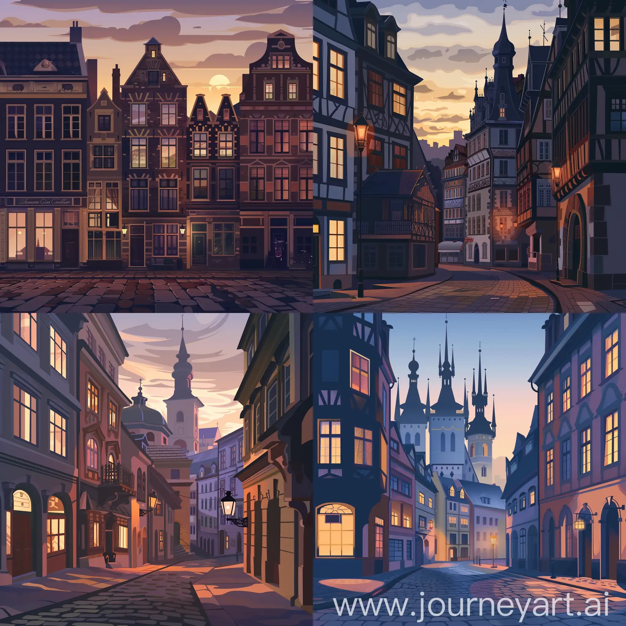 A historic European city at twilight, its ancient buildings and cobblestone streets bathed in the warm glow of the setting sun The city's architecture, a tapestry of different periods and styles, tells a story of centuries past The image captures the romantic essence of the old world, a fusion of history and present-day, in high quality flat style