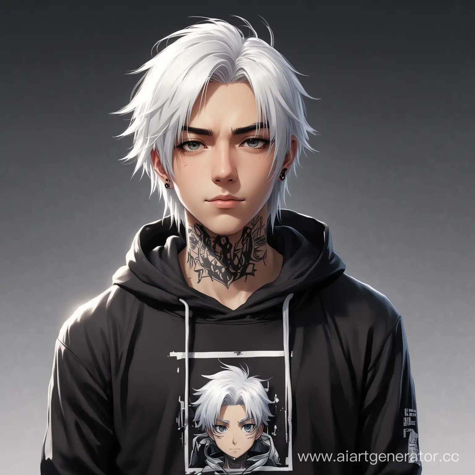 Anime guy with white hair under a square in a black hoodie and with a tattoo on his neck
