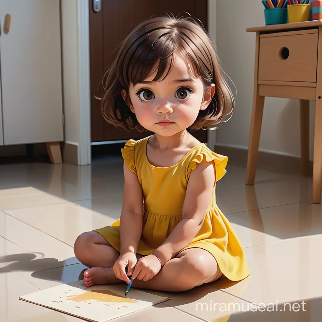 A female kid have a 5 years old , medium light skin, dark brown small eyes, very very short brown hair, yello dress, sitting down on the floor and drawing in the floor . cartoon type