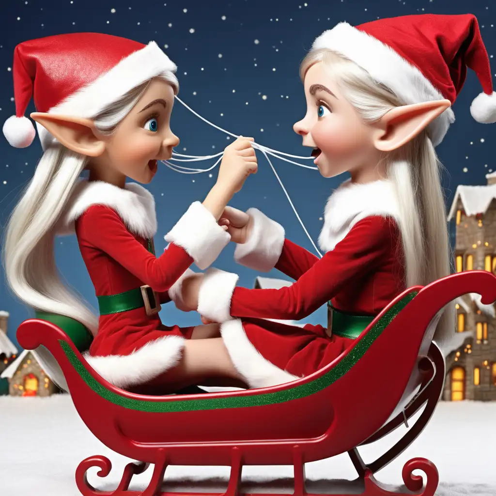 Playful Elf Girls Having Fun in Santas Sleigh