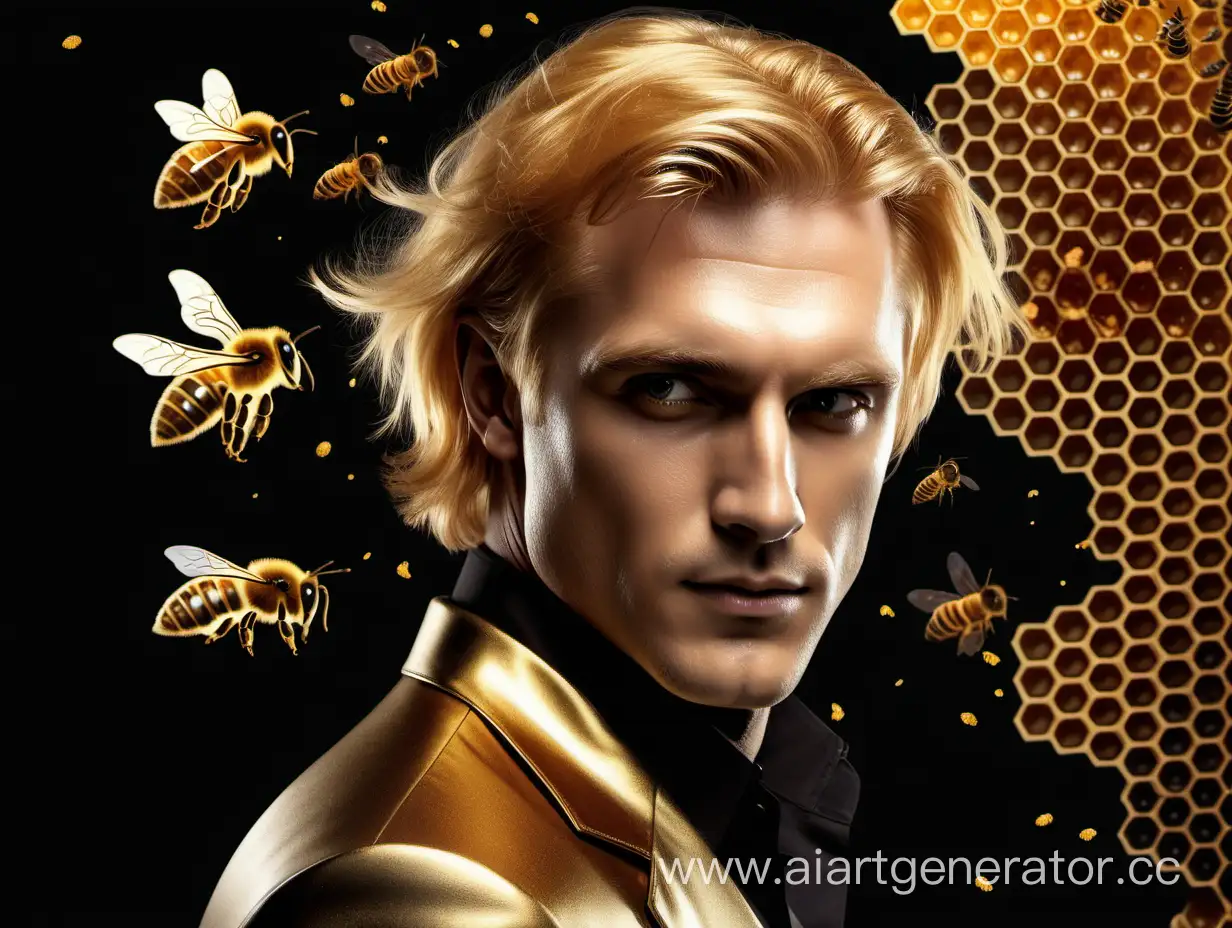 красивый мужчина с золотыми волосами на фоне пчелы и соты
 ЗОЛОТОГО ЦВЕТА С МЕТАЛЛИЧЕСКИМ БЛЕСКОМ на черном фоне
