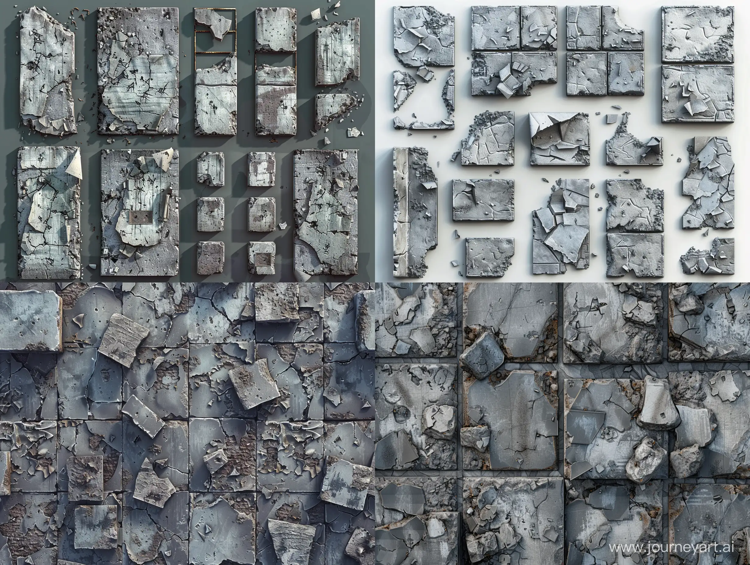 Asset of sprites for 2d platformer. concrete blocks, pieces of ruins, peeling walls. the details are made of iron. A map of sprites. post-apocalypse, brutalism. 8k. photorealism, unreal engine