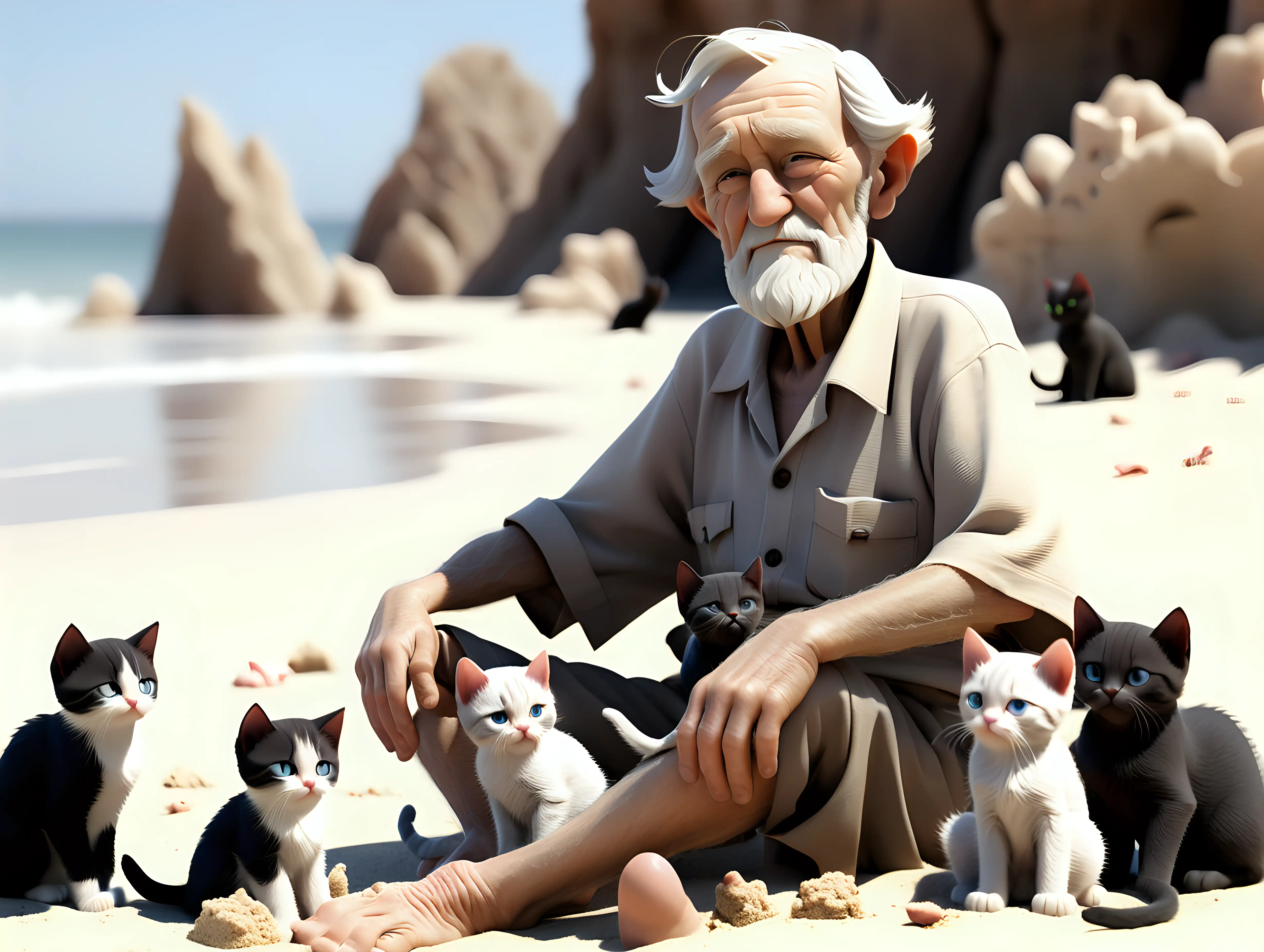 old man sitting on a beach surrounded by kittens