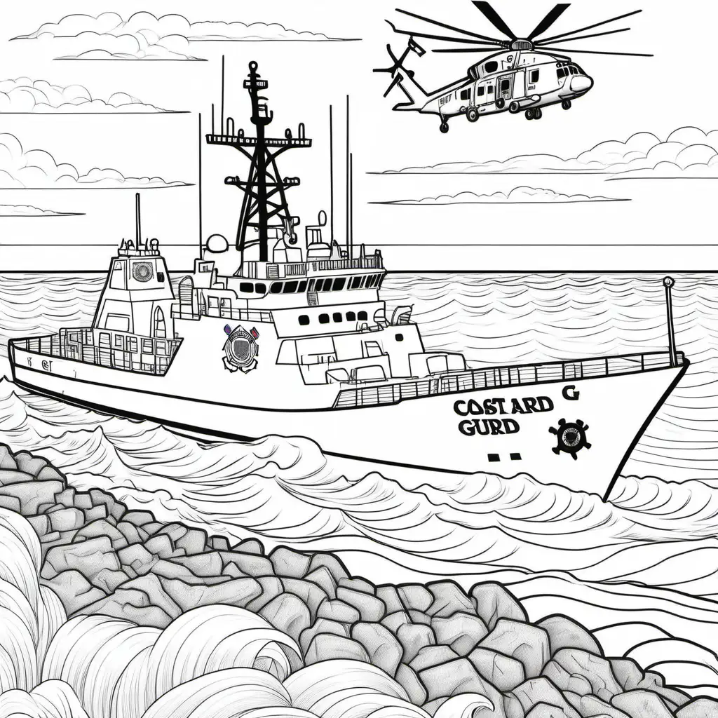 Coloring Book pages showing US Coast Guard Ships patrolling the shores