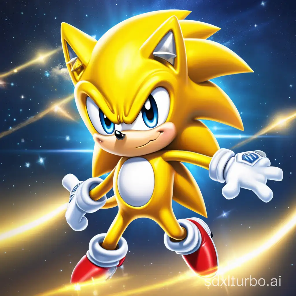cute super sonic ,fly in the sky, with shining
