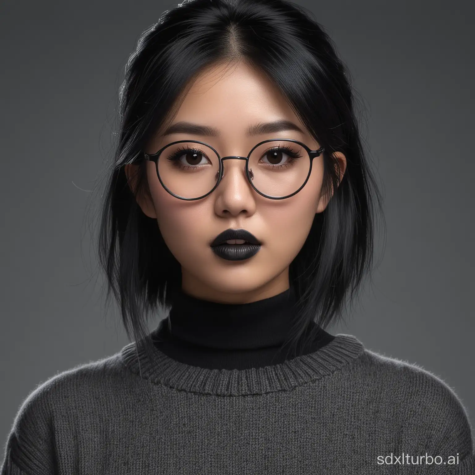 23-year-old Asian girl, black hair, wearing black lipstick, black sweater, black circular glasses, photorealistic, ultrarealistic, 4k