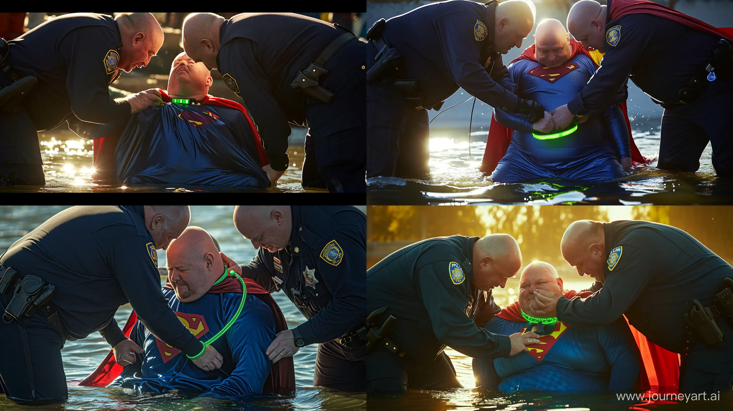 Close-up photo of two chubby man aged 60 wearing a long-sleeved navy police uniform, bending over and tightening a green glowing small short dog collar on the neck of another chubby man aged 60 sitting in the water and wearing a blue silky superman costume with a large red cape with the sunlight on his face. Outside. Bald. Clean Shaven. --style raw --ar 16:9 --v 6