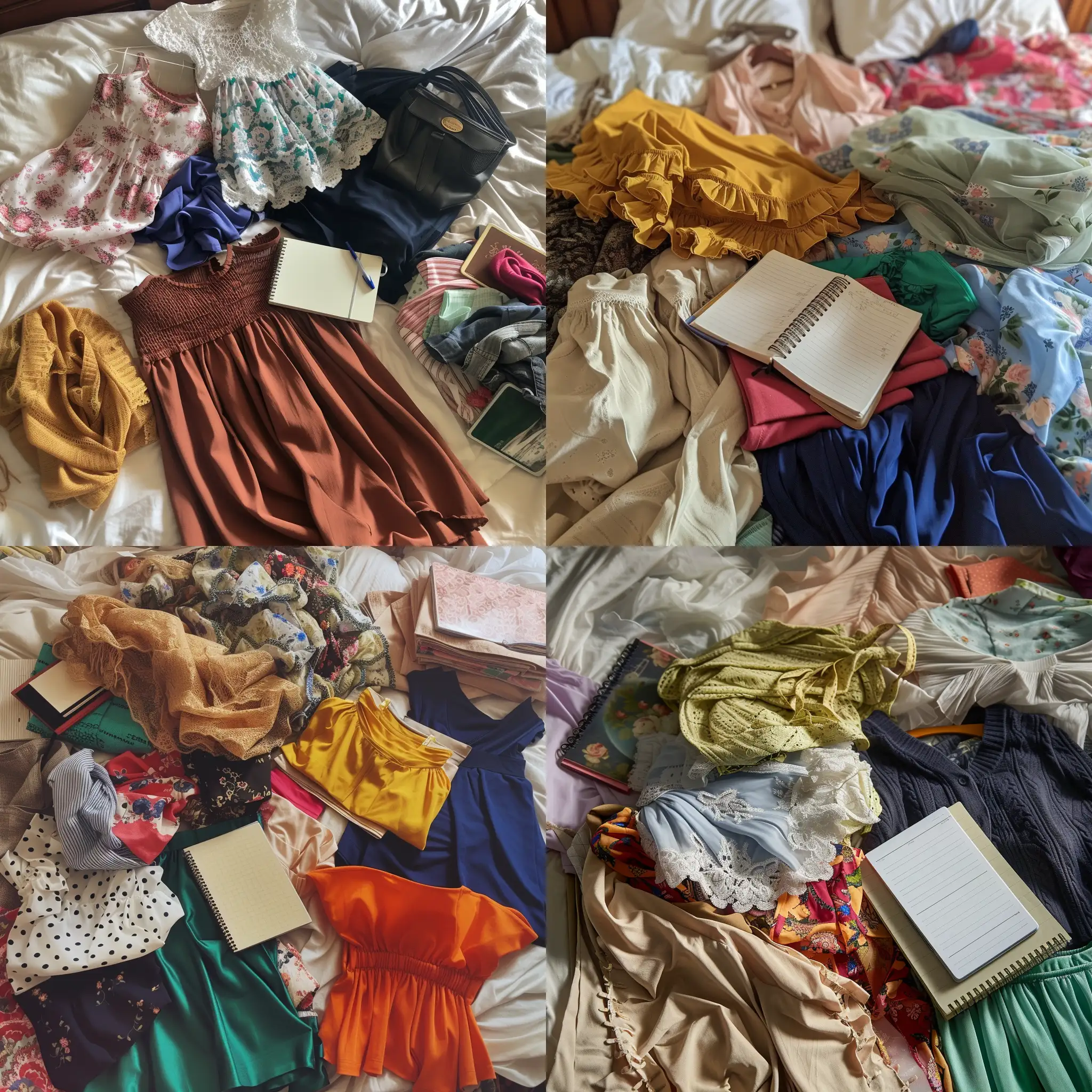 Chic-Chaos-Fashionable-Womens-Clothing-Scattered-on-Bed-with-Notebook