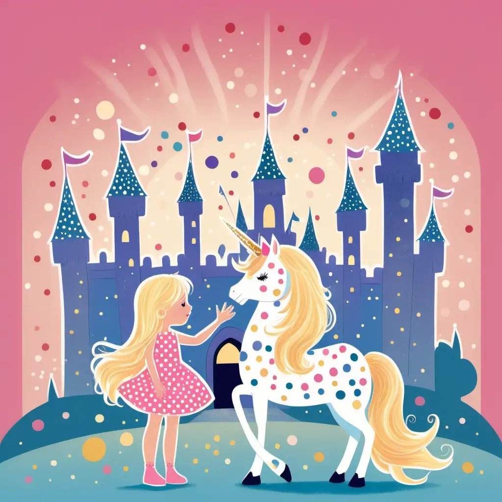  
Book Illustration minimalistic drawing style: Little long blond haired princess with polka dot dress in the colorful castle playing with glittery unicorn pet

