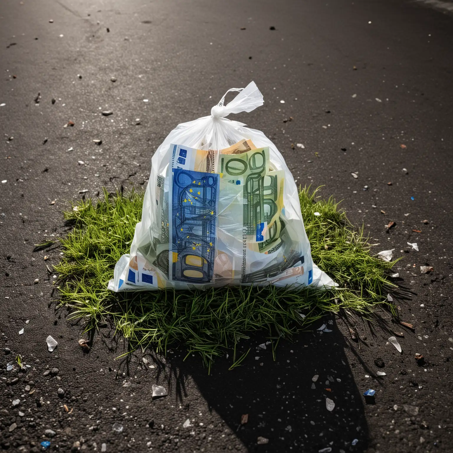 sac en plastique rempli de billets d'euros pausé sur le sol goudronné avec herbe,  
de nuit