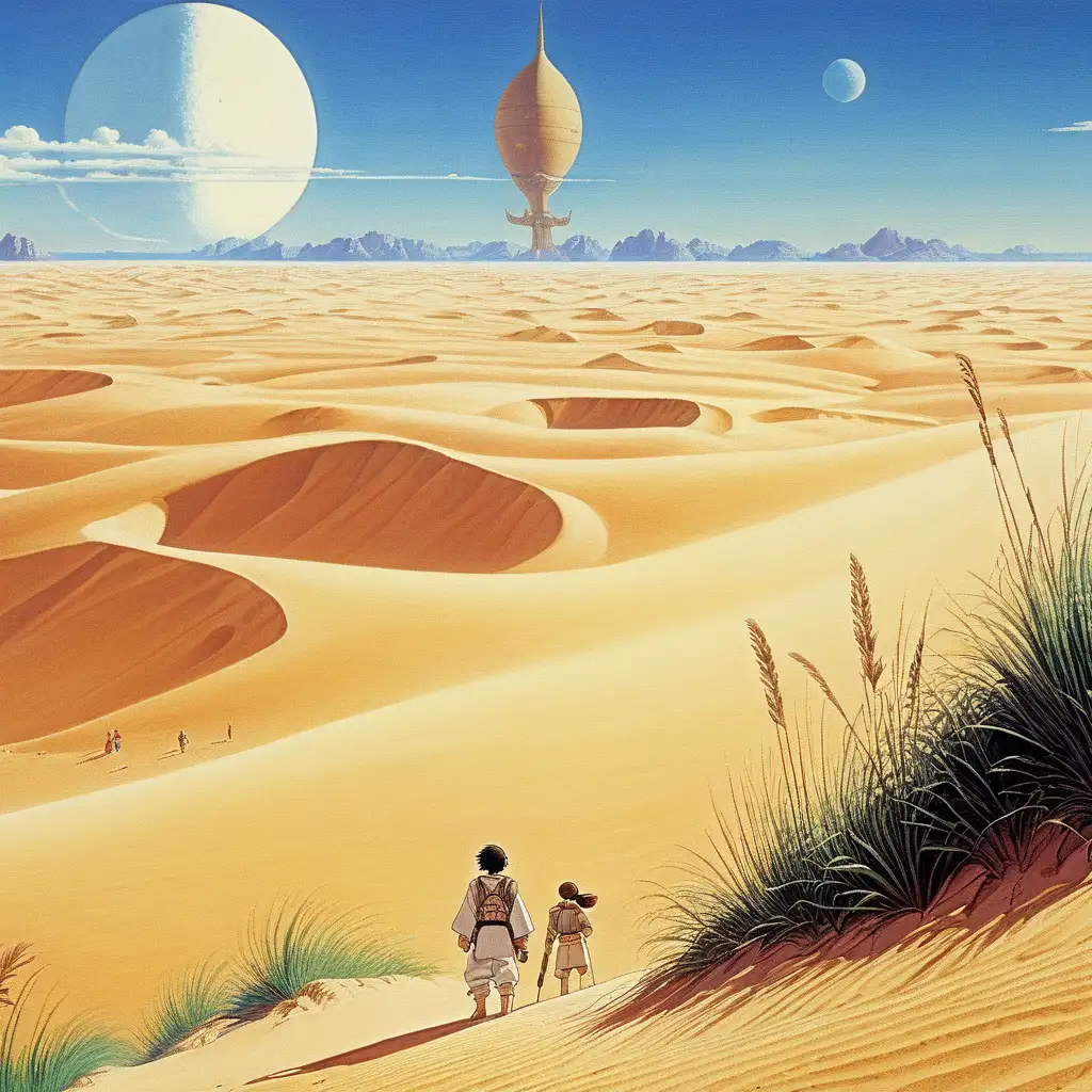 beauiful illustration of fantasy, landscape, dune, soothing, dreaming, music, amazing detailed game poster, Hayao Miyazaki --ar3:2 --niji 5