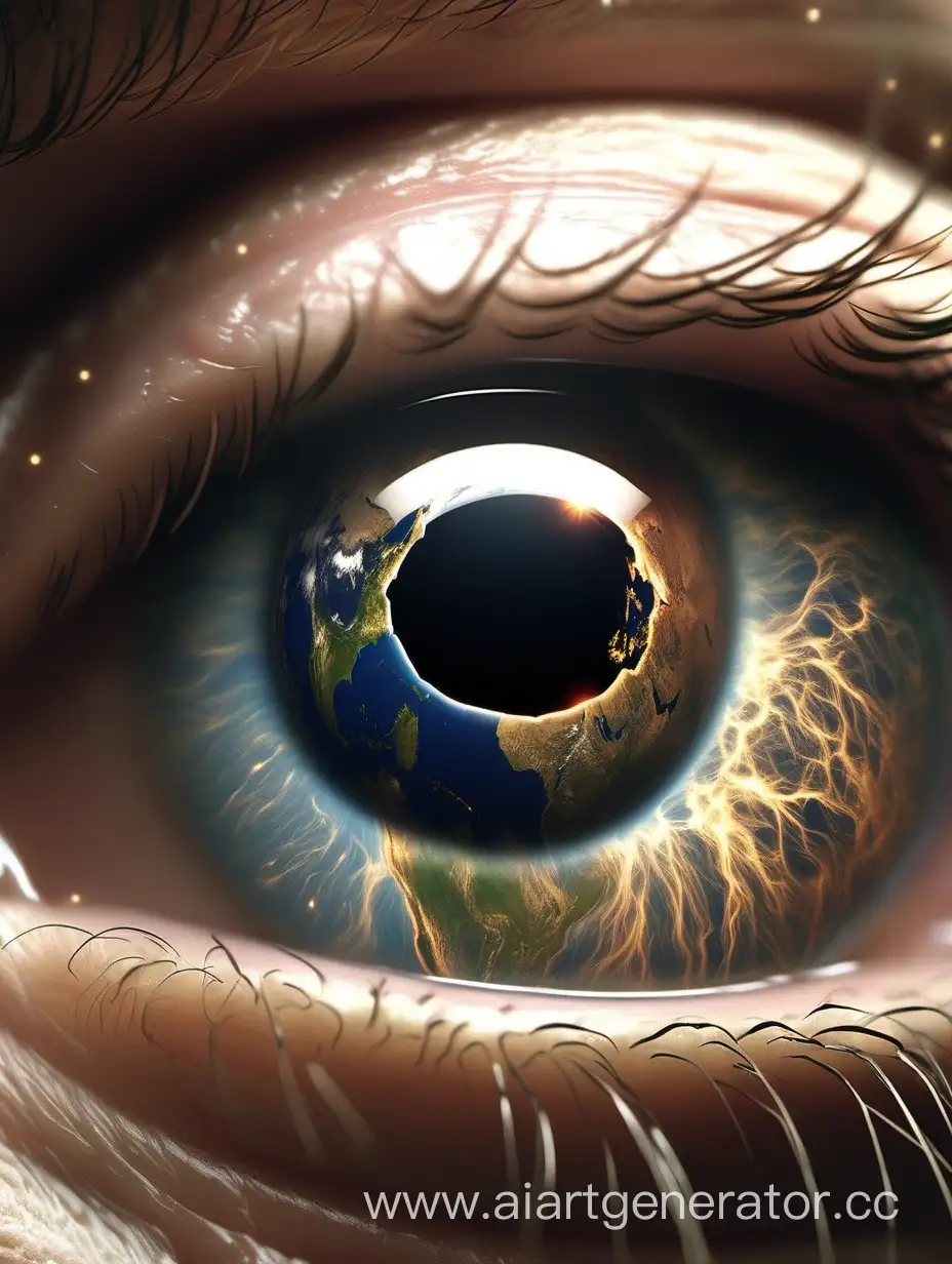 close up, the planet earth is displayed in the eye, ultrarealistic, high detai