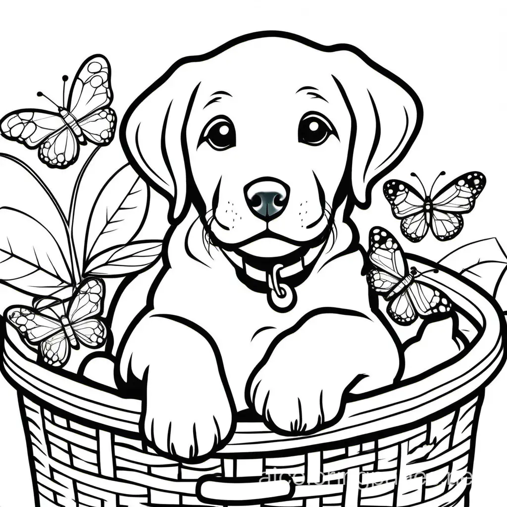 Generate endearing images of labrador retriever puppy engaging in heartwarming activities, such as playing with toys, chasing butterflies, or cuddling in a basket. Emphasize their adorable expressions and showcase a variety of breeds. Create a series of charming scenes capturing the innocence and playfulness of this cute puppy --ar 16:9 --v5--, Coloring Page, black and white, line art, white background, Simplicity, Ample White Space. The background of the coloring page is plain white to make it easy for young children to color within the lines. The outlines of all the subjects are easy to distinguish, making it simple for kids to color without too much difficulty