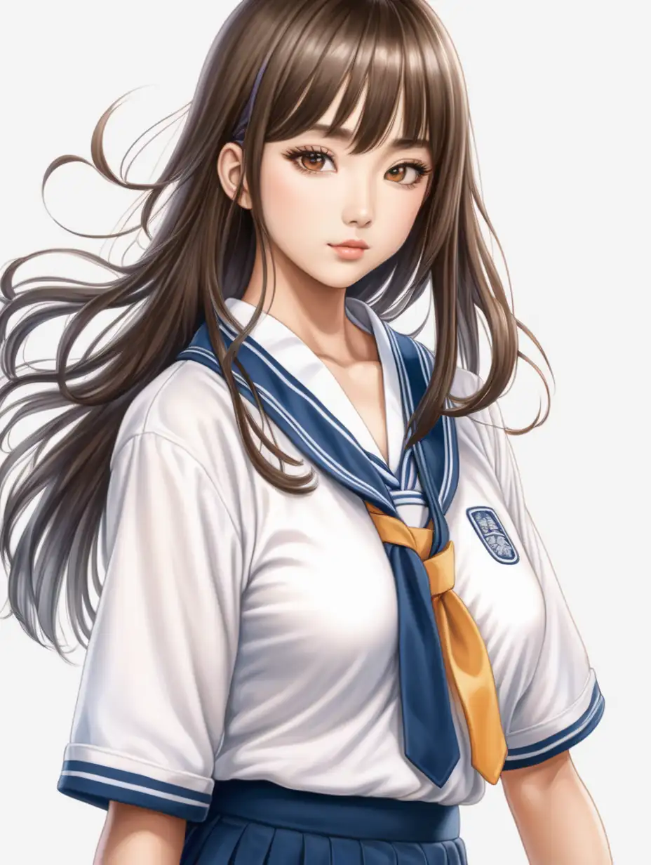 画一位年轻貌美的日本女人，身材丰满，穿着校服，齐肩发