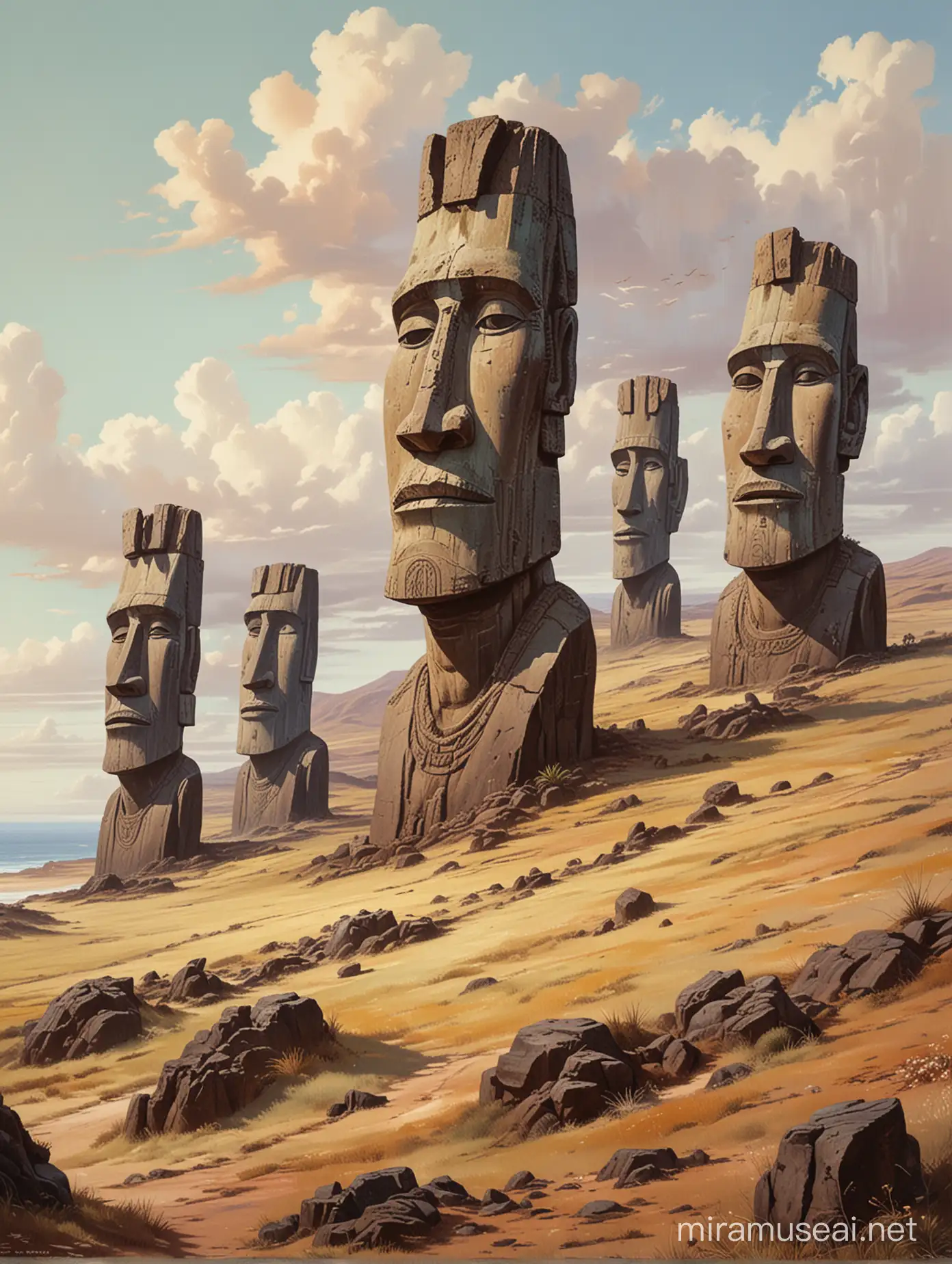 Ethereal Easter Island Statues with African Mask Faces Amidst Muted Pastel Landscape