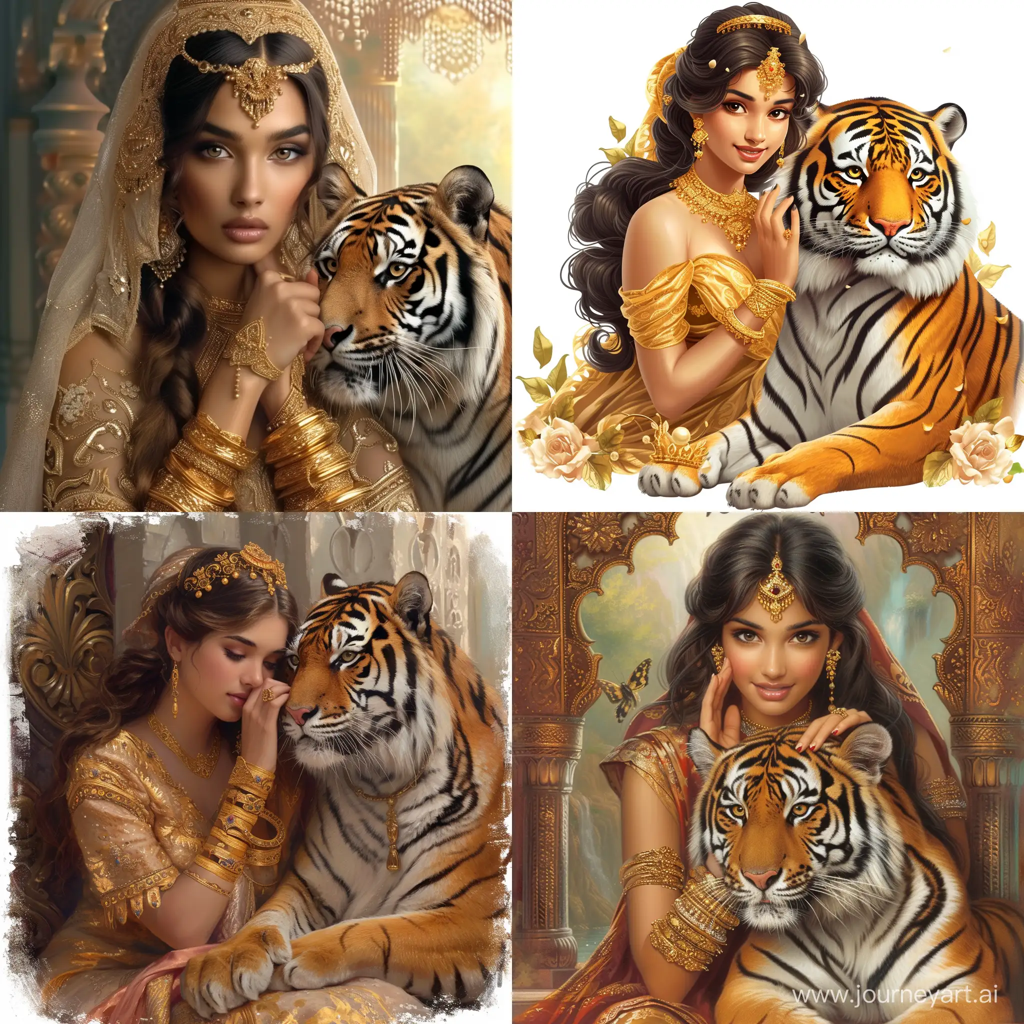 Beautiful princess with gold accessories with her tiger