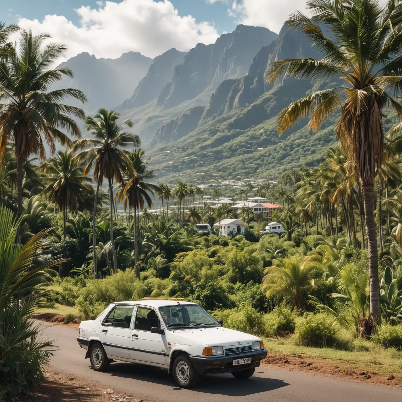 Scenic Island of Reunion Landscape with Renault 19 Car