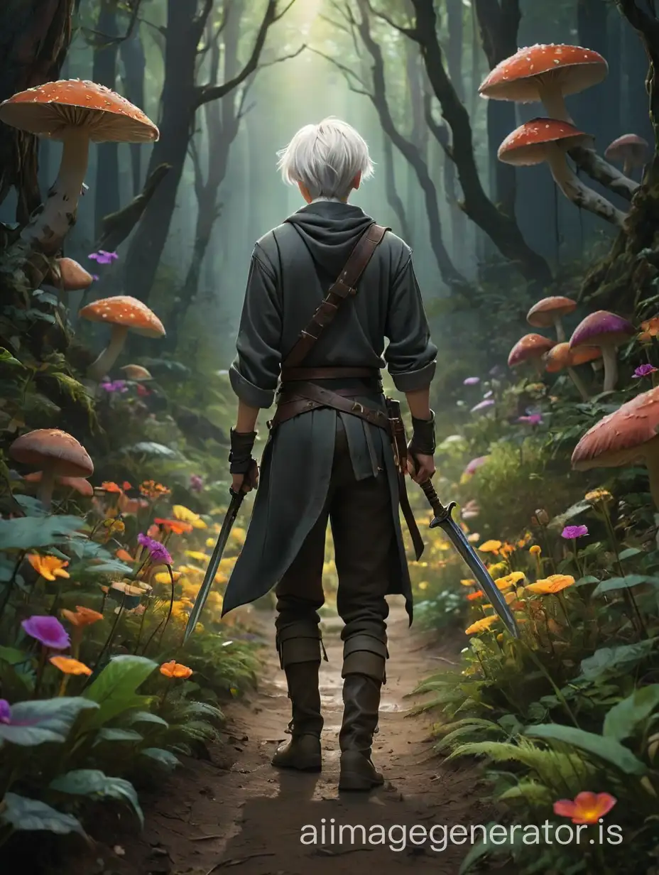 A teenage boy with white hair, carrying a sword and wearing modern clothes following a dirt path into a fantasy forest. We should only see his back. He is standing at the edge of the forest, looking down a dark path surrounded by mysterious flowers and mushrooms of many shapes and colors. The front near the boy is light, but down the path is very dark and mysterious