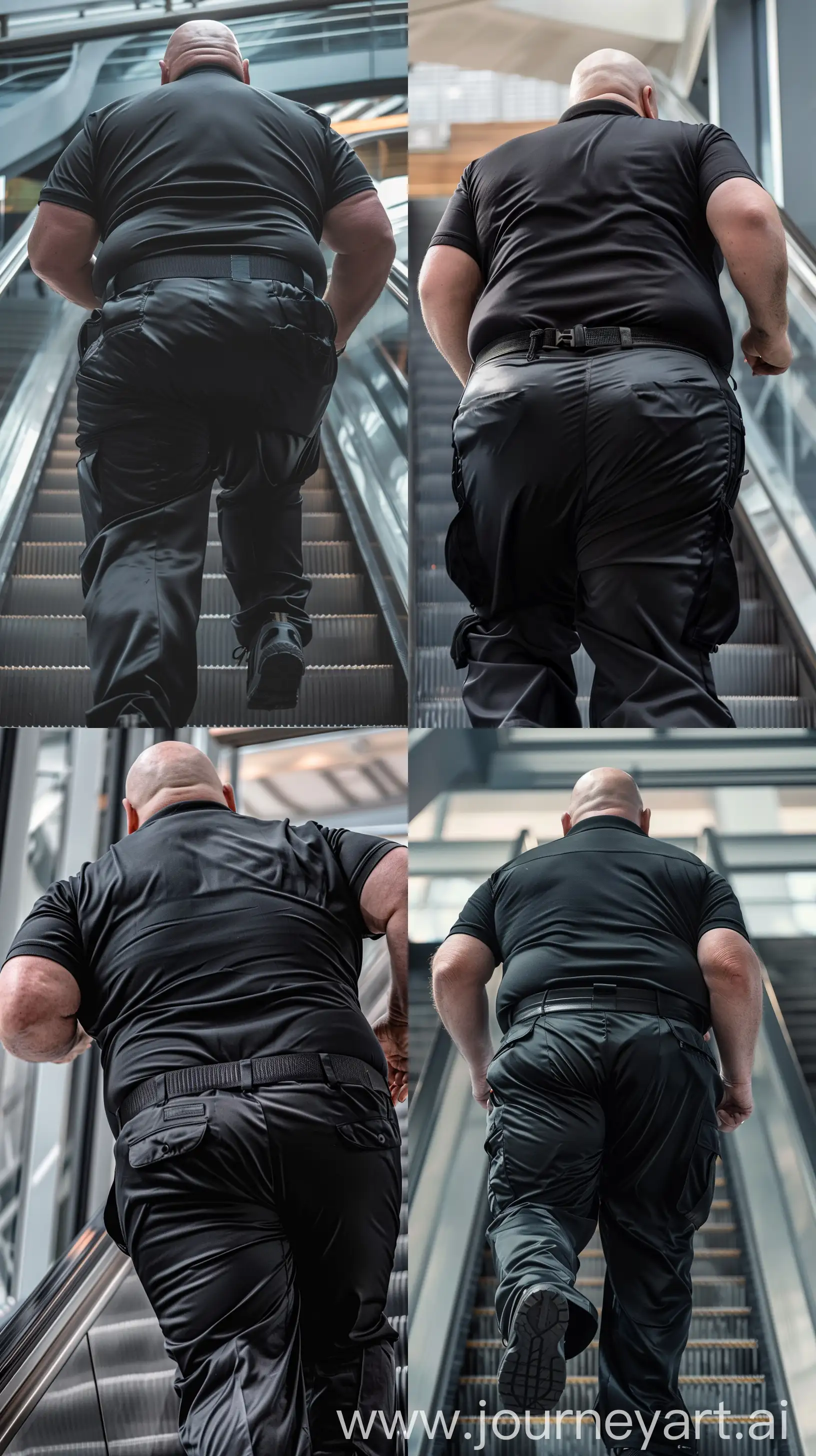 Close-up back-view photo of a fat man aged 60 wearing a silk black slim-fitted battle pants and a tucked in silk black sport polo. Black tactical belt. Running up an escalator. Bald. Clean Shaven. Natural light. --style raw --ar 9:16