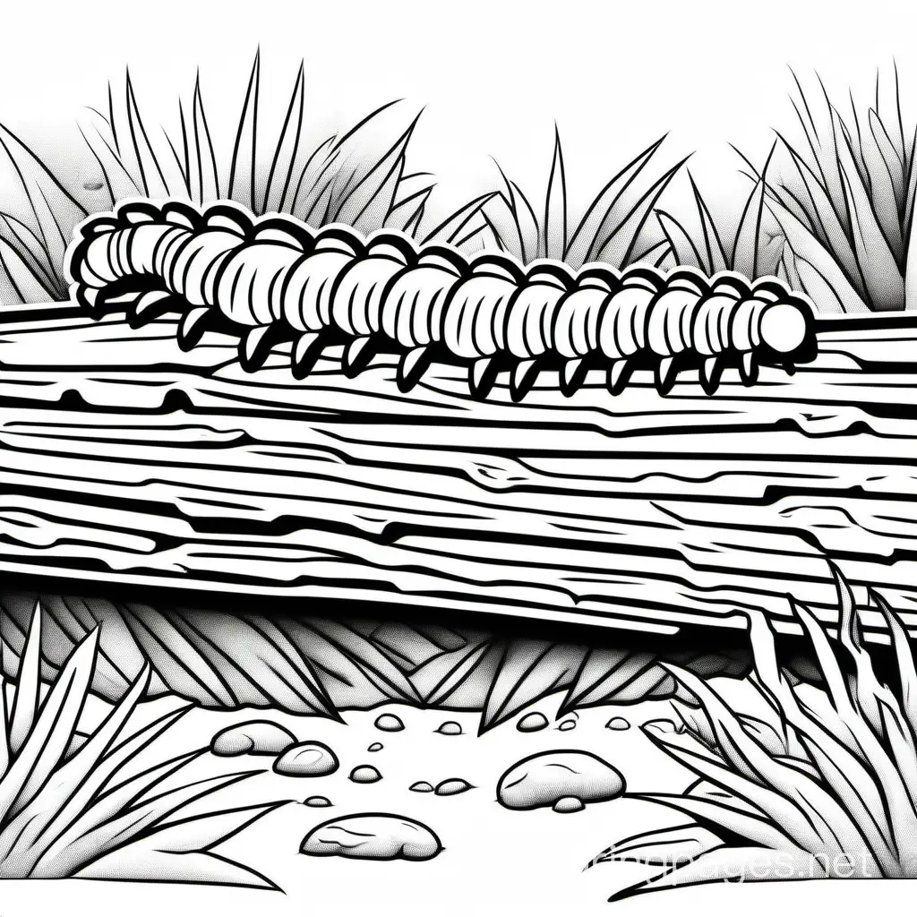 centipede on log, Coloring Page, black and white, line art, white background, Simplicity, Ample White Space. The background of the coloring page is plain white to make it easy for young children to color within the lines. The outlines of all the subjects are easy to distinguish, making it simple for kids to color without too much difficulty