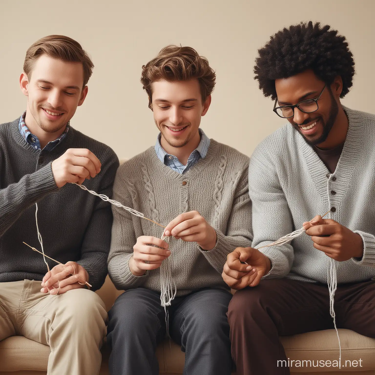 Two white guys and a black guy knitting