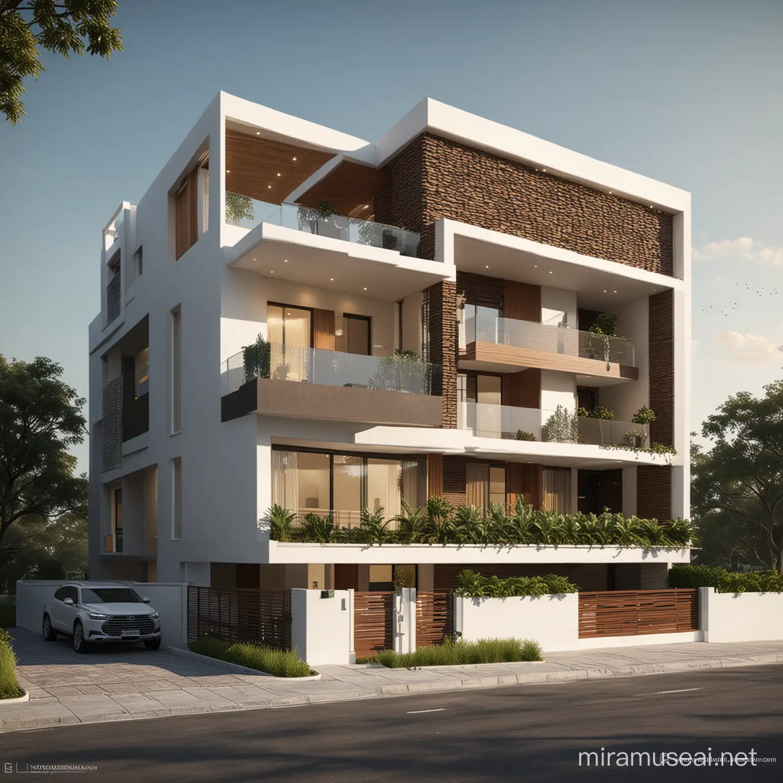 "Design a modern Indian residential building with two floors, incorporating elements of contemporary Indian architecture. Ensure the design includes front parking facilities and realistic landscaping. Your task is to create a 3D model of the building exterior, showcasing intricate details and high-quality textures. Focus on capturing the essence of modern Indian living while maintaining functionality and aesthetic appeal. Produce high-quality, realistic renders that bring the design to life, paying attention to lighting, shadows, and material finishes."