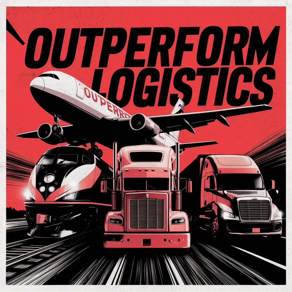 "OUTPERFORM LOGISTICS" is written IN A DARK ORANGE COLOR on the red Logistics plane, train and truck.