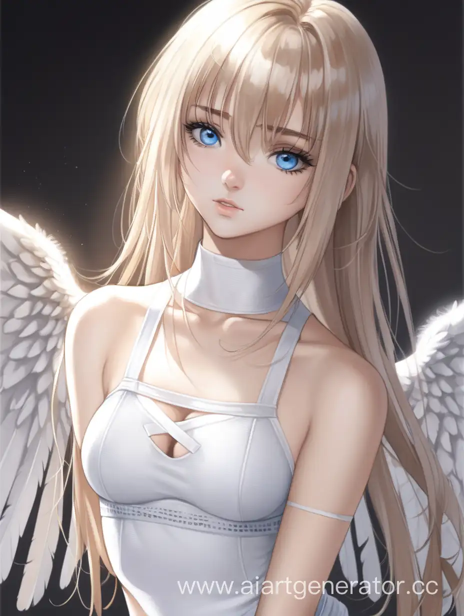 Девушка ангел, взрослая, 22 года, голубые глаза, грудь 4 размера, белое обтягивающее платье, светлые волосы, на правом глазу повязка