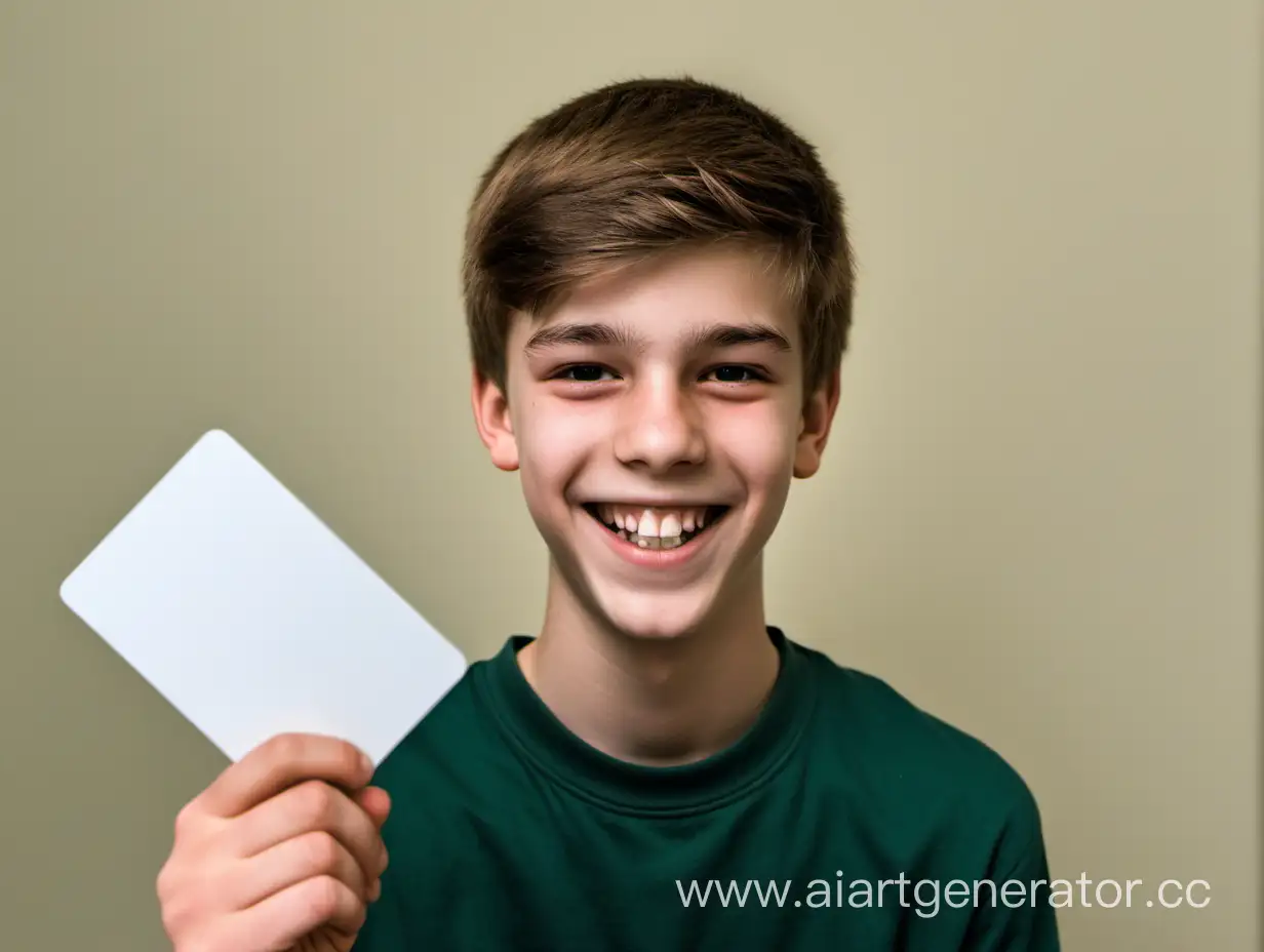 парень 16 лет играет в игру, улыбается, держит в руках пустую белую карточку