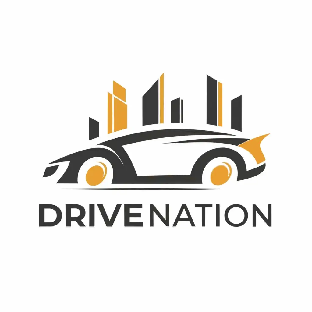 a logo design,with the text "Drive nation", main symbol: A logo with a
sleek, stylized car, symbolizing
speed, mobility, and the
company's expertise in the
automotive industry.,Minimalistic,clear background