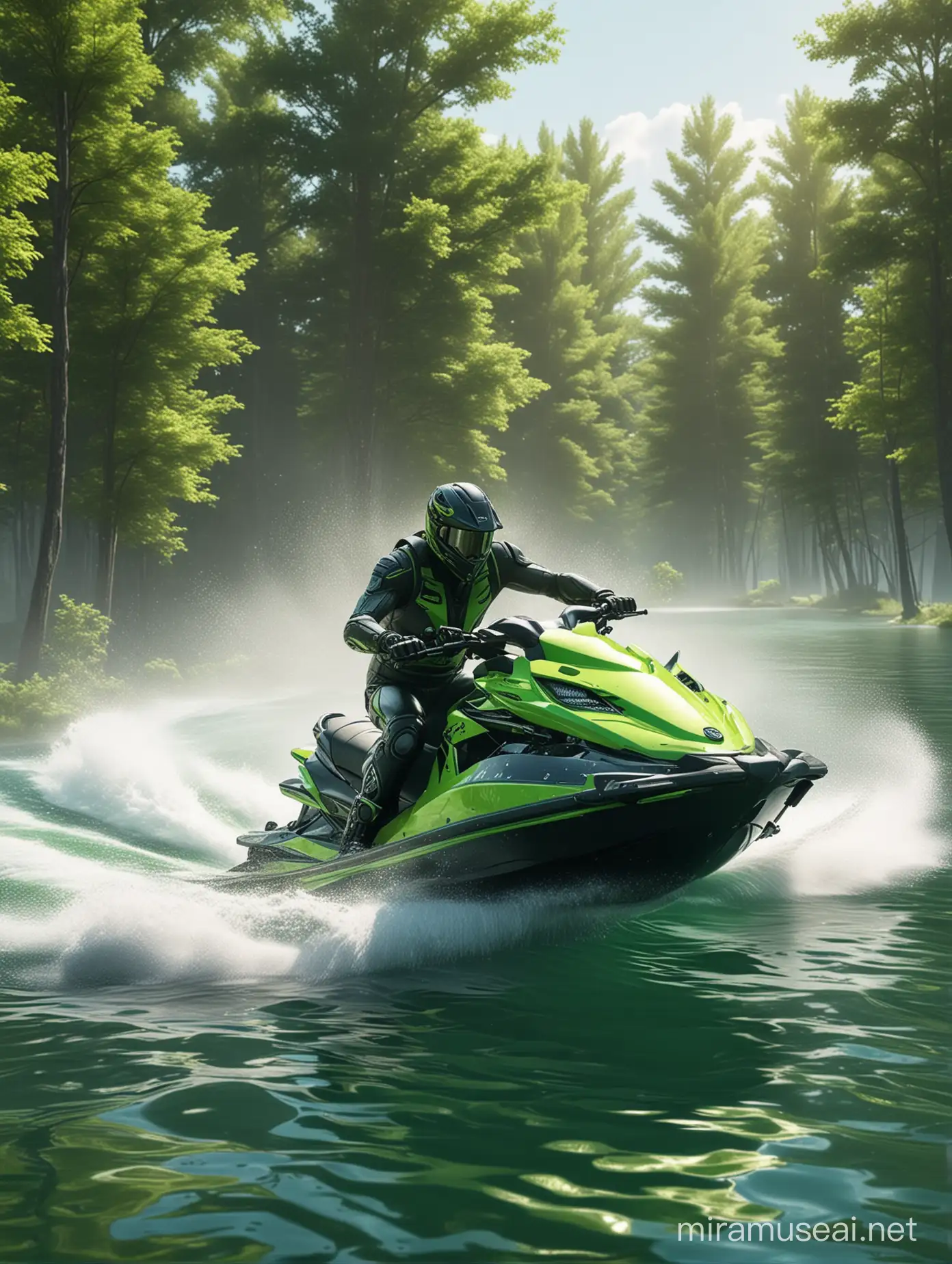 ultra realistic neon green jetski, riding on water, with trees on the sides, bright sunny day and cinematic lighting 