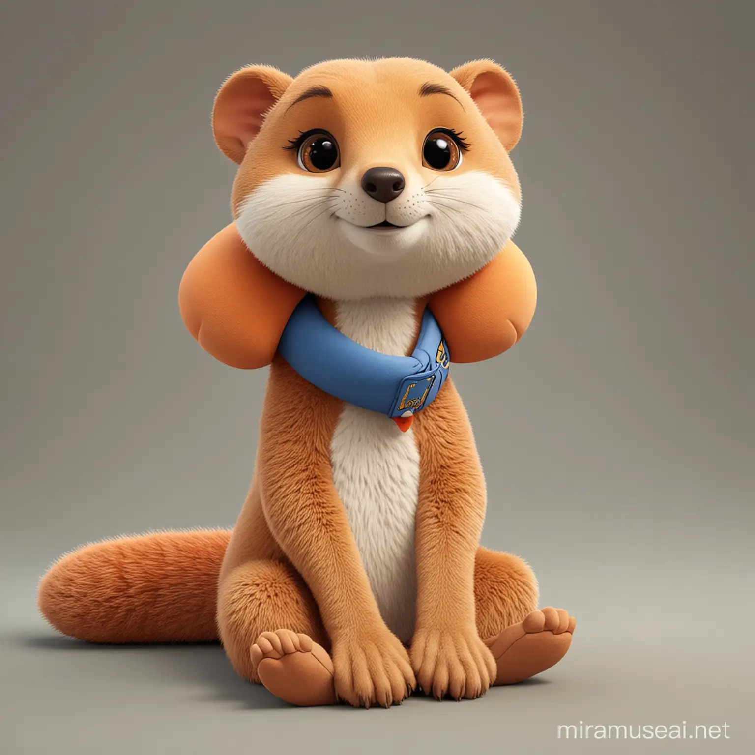 cute female cartoon mongoose with one tail in a seated position wearing a big human airplane travel neck pillow around her neck 