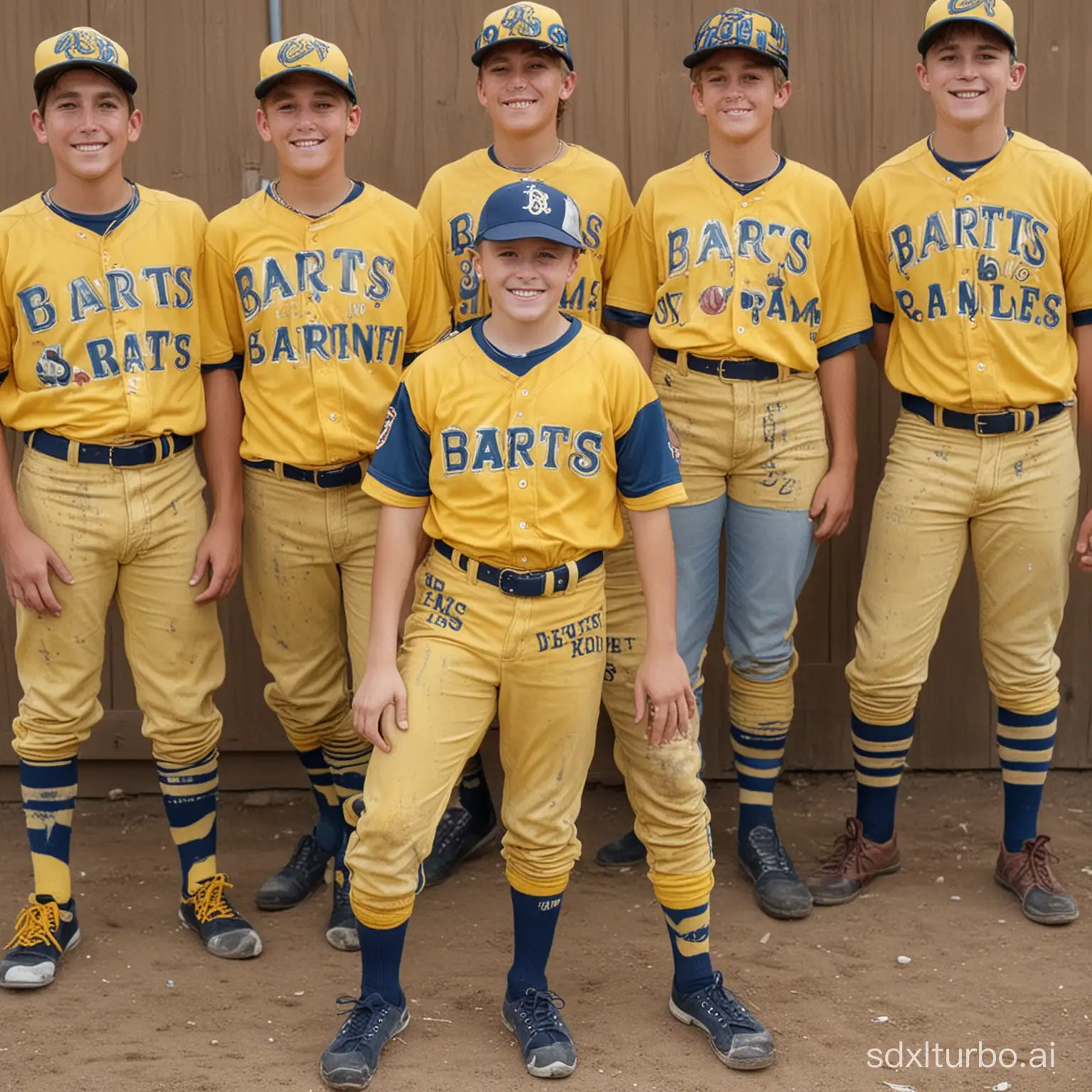 a picture of a baseball team. the shirt is yellow with the word "Barts" printed across the front. The pants are blue from the belt to the knees, and yellow from the knees to the ankles.