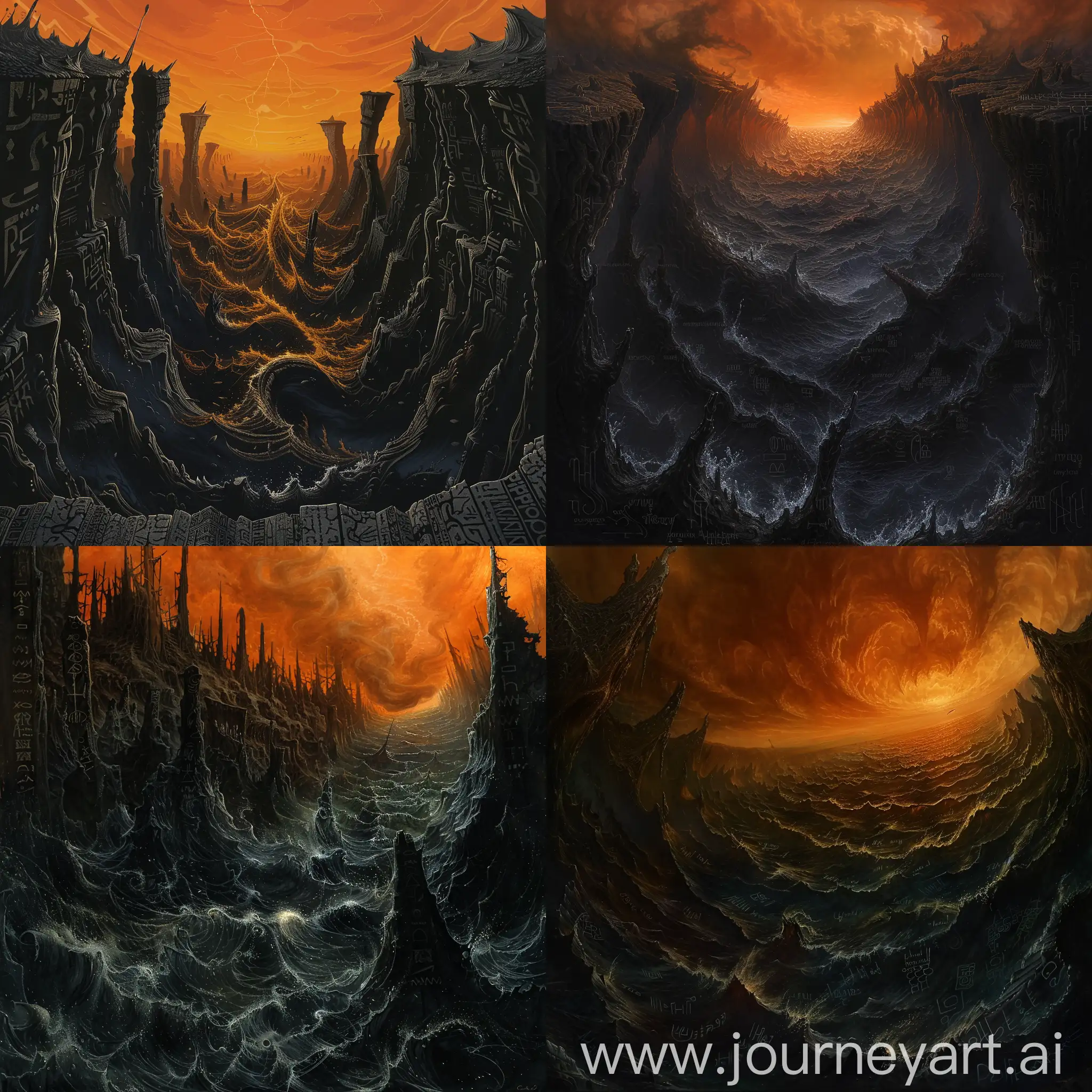 A vast inverted landscape opens below, stretching farther than the eye can see. Where ground should be, a dark churning sea roils and bubbles, lit from within by an eerie glow. Rising from the ink-black waves are twisted rocky formations like grasping fingers clawing towards an ominous orange sky. Wispy shades drift upon spectral winds, their featureless forms etched against the turbulent backdrop. Runes and glyphs in long-forgotten tongues cover cliffs impossibly suspended above the roiling abyss. An ambient drone rises and falls, a wordless lament on the edge of hearing. Mystery and complexity lurk beneath layers of suggestion, leaving perception to wander amid haunting vistas that probe the depths of dark realms known only in fever dreams.