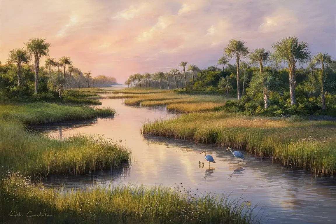 Imagine a serene scene capturing the essence of a Lowcountry marsh in South Carolina, illuminated by the soft, golden light of sunrise. The landscape is a harmonious blend of natural beauty, where the sky, awash with the gentle hues of dawn—pinks, oranges, and light blues—reflects onto the tranquil waters of winding tidal creeks. These meandering waterways cut through the marsh, creating a complex network of channels that are bordered by lush, green grasses and sporadic groups of palmetto trees, their fronds gently swaying in the morning breeze. In the foreground, delicate wildflowers add splashes of color, while a pair of egrets wade gracefully in the shallow waters, searching for their breakfast. The scene is peaceful and untouched, a perfect representation of the Lowcountry's unique and captivating landscape at the start of a new day. The style of the painting should aim to capture the tranquility and natural beauty of this setting, with a focus on the subtle interplay of light and color that defines the sunrise over the marsh.