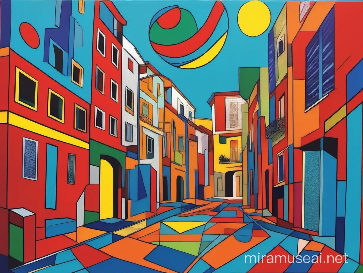 Create a pop art-style physical painting depicting abstract shapes in a scene referencing malaga. Use bold, saturated colors.
